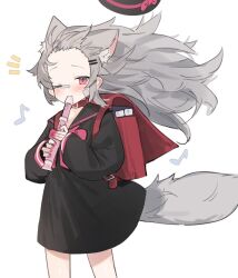 Rule 34 | 1girl, animal ear fluff, animal ears, backpack, bag, bandaid, bandaid on cheek, bandaid on face, bandaid on nose, belt collar, black dress, black headwear, black sailor collar, blush, bow, collar, commentary request, dress, eighth note, extra ears, feet out of frame, fenrir (fenriluuu), flute, forehead, grey hair, hair ornament, hairclip, highres, holding flute, holding instrument, instrument, kyoufuu all back (vocaloid), long hair, long sleeves, medium dress, music, musical note, nail polish, notice lines, one eye closed, original, pink bow, pink eyes, pink nails, playing instrument, randoseru, recorder, red bag, red collar, rir-chan, sailor collar, sailor dress, simple background, solo, tail, unworn headwear, white background, wide sleeves, wind, wolf ears, wolf girl, wolf tail