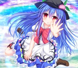Rule 34 | 1girl, apron, black hat, blue hair, blue skirt, blue sky, boots, bow, bowtie, brown footwear, center frills, cloud, collared shirt, commentary request, cross-laced footwear, day, diao ye zong, field, footwear bow, frilled skirt, frilled sleeves, frills, full body, hand on lap, hat, hinanawi tenshi, knee boots, light blush, long hair, manma (manmamia), medium skirt, outdoors, parted lips, partial commentary, peach hat ornament, puffy short sleeves, puffy sleeves, rainbow, rainbow gradient, raised eyebrows, reaching, reaching towards viewer, red bow, red bowtie, red eyes, shide, shirt, short sleeves, sitting, skirt, sky, solo, sparkle, touhou, very long hair, waist apron, wariza, white apron, white shirt, white sleeves