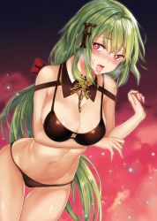 Rule 34 | 1girl, :p, arm under breasts, bad id, bad pixiv id, bikini, black bikini, blush, breasts, cleavage, commentary request, detached collar, girls&#039; frontline, green hair, groin, hair between eyes, hair ornament, hair ribbon, hand up, heart, heart-shaped pupils, heifetz, long hair, looking at viewer, low-tied long hair, mk48 (girls&#039; frontline), navel, open mouth, ponytail, red eyes, red ribbon, ribbon, sidelocks, skindentation, smile, solo, standing, stomach, sweatdrop, swimsuit, symbol-shaped pupils, thighs, toned, tongue, tongue out, very long hair