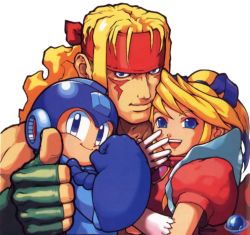 Rule 34 | 1girl, 2boys, alex (street fighter), blonde hair, blue eyes, breath of fire, breath of fire iii, capcom, company connection, crossover, fingerless gloves, gloves, headband, long hair, mega man (classic), mega man (series), multiple boys, muscular, nina (breath of fire iii), official art, open mouth, puffy sleeves, mega man (character), smile, street fighter, street fighter iii (series), watermark, white background