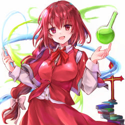 Rule 34 | 1girl, arms up, book, book stack, breasts, capelet, commentary request, contrapposto, cowboy shot, cross, flask, hair between eyes, hair ribbon, head tilt, highres, holding, holding test tube, ikazuchi akira, large breasts, liquid, long hair, long sleeves, looking at viewer, okazaki yumemi, open mouth, ponytail, red capelet, red eyes, red hair, red neckwear, red ribbon, red skirt, red vest, ribbon, round-bottom flask, shirt, skirt, solo, standing, test tube, touhou, touhou (pc-98), tress ribbon, very long hair, vest, white background, white shirt