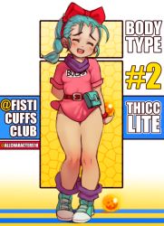 Rule 34 | 1girl, aqua hair, arm behind back, artist name, ascot, bad id, bad pixiv id, belt, blush, bow, braid, bulma, character name, closed eyes, dragon ball, dragon ball (classic), dragon ball (object), english text, feet together, fisticuffs club, furrowed brow, hair bow, hair ribbon, hip focus, legs together, loose socks, multi-tied hair, open mouth, pigeon-toed, ponytail, pouch, red bow, red ribbon, ribbon, shoes, single braid, smile, socks, solo, standing, thighs, tunic, twitter username, wristband