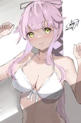 Rule 34 | 1girl, absurdres, arms up, bikini, breasts, calin, cleavage, hair flaps, hair ribbon, highres, kantai collection, long hair, looking at viewer, medium breasts, one-hour drawing challenge, pink hair, ponytail, ribbon, solo, swimsuit, upper body, very long hair, white bikini, yellow eyes, yura (kancolle)