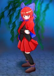 Rule 34 | 1girl, aospanking, black footwear, blush, bow, cape, crossed arms, hair bow, leaf, red cape, red eyes, red hair, sekibanki, solo, standing, thighhighs, touhou, willow