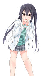 Rule 34 | 1girl, black hair, brown eyes, casual, commentary request, dresstrip, green shirt, hair between eyes, jacket, k-on!, long hair, long sleeves, nakano azusa, open clothes, open jacket, open mouth, plaid, plaid skirt, shirt, simple background, skirt, smile, solo, striped clothes, striped shirt, teeth, thighs, twintails, upper teeth only, white background, white jacket