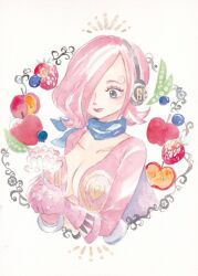 Rule 34 | 1girl, absurdres, apple, blue neckerchief, commentary request, curly eyebrows, flower, food, fruit, gloves, hair over one eye, highres, holding, holding flower, looking down, neckerchief, one piece, pink gloves, pink hair, plunging neckline, short hair, simple background, solo, strawberry, upper body, vinsmoke reiju, yachiy0