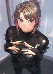 Rule 34 | 1girl, blush, bodysuit, from above, hand on own chest, highres, kilye kairi, latex, latex bodysuit, looking at viewer, looking up, multicolored hair, original, ponytail, skin tight, smile, solo, tsurime, two-tone hair
