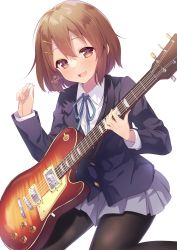 Rule 34 | 1girl, :d, black pantyhose, blazer, blue ribbon, blush, brown eyes, brown hair, collared shirt, commentary request, electric guitar, grey skirt, guitar, hair ornament, hairclip, highres, hirasawa yui, holding, instrument, jacket, k-on!, kisukekun, long sleeves, looking at viewer, miniskirt, neck ribbon, open mouth, pantyhose, pleated skirt, plectrum, ribbon, school uniform, shirt, short hair, signature, simple background, skirt, smile, solo, white background, wing collar