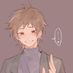 Rule 34 | ..., 1boy, black jacket, brown background, brown hair, commentary, grin, hand up, harada minoru, heart, highres, jacket, male focus, nomi (nomi0926), open clothes, open jacket, portrait, purple sweater, red eyes, saibou shinkyoku, short hair, smile, solo, suit jacket, sweater, turtleneck, turtleneck sweater