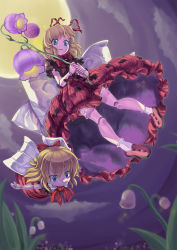 Rule 34 | 1girl, bad id, bad pixiv id, baiken (artist), blonde hair, bloomers, blue eyes, blurry, bow, depth of field, doll, doll joints, dress, female focus, flower, flying, from below, full moon, highres, joints, large bow, lily of the valley, medicine melancholy, moon, moss (sphere211), short hair, solo, su-san, touhou, underwear, wings