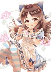 Rule 34 | 1girl, :d, absurdres, apron, black bow, bloomers, blue dress, blush, bow, brown eyes, brown hair, commentary request, dress, feet out of frame, floral background, frilled apron, frilled bow, frills, hair bow, hands up, heart, heart hands, highres, idolmaster, idolmaster cinderella girls, idolmaster cinderella girls starlight stage, knees together feet apart, long hair, looking at viewer, open mouth, pantyhose, parted bangs, puffy short sleeves, puffy sleeves, ribbon-trimmed sleeves, ribbon trim, rose background, short sleeves, smile, solo, striped clothes, striped pantyhose, tachibana arisu, underwear, very long hair, white apron, white background, white bloomers, wrist cuffs, yata (yatao zzz)