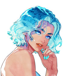 Rule 34 | 1girl, blue eyes, blue hair, blue nails, highres, looking at viewer, nail polish, okada (hoooojicha), original, parted lips, shadow, short hair, simple background, smile, solo, upper body, white background