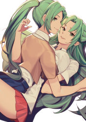 Rule 34 | 2girls, absurdres, blue skirt, breast press, breasts, brown shirt, collared shirt, cowboy shot, green eyes, grey hair, hair tie, half updo, highres, higurashi no naku koro ni, holding hands, incest, large breasts, long hair, looking at viewer, multiple girls, parted bangs, parted lips, pleated skirt, ponytail, red skirt, school uniform, shirt, short sleeves, siblings, sisters, skirt, smile, sonozaki mion, sonozaki shion, twins, white background, white shirt, whither laws, yuri