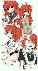Rule 34 | 1girl, 1my0urher0, black eyes, blue sailor collar, flaky (happy tree friends), full body, happy tree friends, highres, long hair, maid, personification, red hair, sailor collar, school uniform, simple background, smile, solo, sportswear, standing, sweater, white background