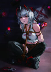 Rule 34 | 1girl, :d, absurdres, ahoge, antenna hair, arknights, arms behind back, bare shoulders, black footwear, black shorts, black thighhighs, boots, bound, breasts, chadlink, commentary request, commission, graffiti, grey hair, highres, horns, indian style, large breasts, looking at viewer, open mouth, red eyes, rope, second-party source, short hair, short shorts, shorts, sitting, smile, solo, tank top, thighhighs, thighs, w (arknights), white tank top