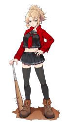 Rule 34 | 1girl, alternate costume, baseball bat, black skirt, black thighhighs, blonde hair, boots, braid, breasts, brown footwear, collarbone, commentary request, fate/grand order, fate (series), frown, green eyes, highres, holding, holding baseball bat, jacket, long hair, long sleeves, looking at viewer, midriff, mikan (chipstar182), mordred (fate), mordred (fate/apocrypha), nail, nail bat, pleated skirt, ponytail, red jacket, shirt, simple background, skirt, solo, thighhighs, white background