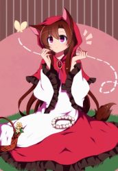 Rule 34 | 1girl, :&lt;, ^^^, alternate costume, animal ears, bad id, bad twitter id, basket, blush, brooch, brown hair, bug, butterfly, closed mouth, cosplay, dress, fingernails, flower, frilled sleeves, frills, grass, head wreath, hood, imaizumi kagerou, insect, jewelry, little red riding hood, little red riding hood (grimm), little red riding hood (grimm) (cosplay), long hair, long sleeves, looking at another, multicolored clothes, multicolored dress, nail polish, pink eyes, red hood, red nails, sharp fingernails, sidelocks, sitting, solo, tail, touhou, wide sleeves, wolf ears, wolf tail, you (noanoamoemoe)