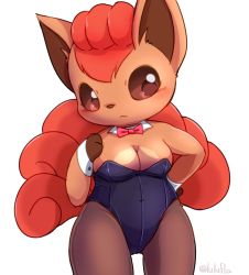 Rule 34 | 1girl, :&lt;, animal ears, animal hands, artist name, bare shoulders, black pantyhose, blue leotard, blush, bow, bowtie, breasts, brown eyes, brown sclera, cleavage, closed mouth, colored sclera, covered navel, cowboy shot, creatures (company), detached collar, fox ears, fox tail, furry, furry female, game freak, gen 1 pokemon, gluteal fold, hand on own hip, hand up, leotard, lulufia, medium breasts, multiple tails, nintendo, no humans, pantyhose, pokemon, pokemon (creature), red bow, red bowtie, red hair, short hair, simple background, solo, standing, strapless, strapless leotard, tail, twitter username, vulpix, white background, wide hips, wrist cuffs