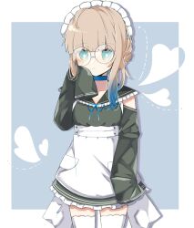 Rule 34 | 1girl, alternate costume, alternate hairstyle, apron, arm up, black dress, black sailor collar, blonde hair, blue background, blue bow, blue eyes, blush, border, bow, commentary, detached collar, detached sleeves, dress, enmaided, fate/grand order, fate (series), freedumco, frills, glasses, heart, highres, lace-trimmed sailor collar, maid, maid apron, maid headdress, nemo (fate), professor nemo (fate), round eyewear, sailor collar, simple background, sleeves past fingers, sleeves past wrists, solo, very long sleeves, white border