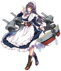 Rule 34 | 1girl, apron, azur lane, blue eyes, blush, boots, breasts, brown footwear, cannon, clothes lift, crossed legs, curacoa (azur lane), dress, dress lift, frills, full body, highres, index finger raised, juliet sleeves, large breasts, lifted by self, long hair, long sleeves, maid, maid headdress, monety, official art, parted lips, puffy sleeves, purple hair, rigging, rudder footwear, sidelocks, sleeve cuffs, smile, solo, transparent background, turret, watson cross
