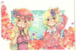 Rule 34 | 2girls, aki minoriko, aki shizuha, arm up, autumn leaves, blonde hair, breasts, closed mouth, dated, frilled sleeves, frills, grape hat ornament, hat, head tilt, highres, holding, holding leaf, juliet sleeves, leaf, long sleeves, looking at viewer, medium hair, mob cap, multiple girls, orange eyes, painting (medium), puffy sleeves, red headwear, red shirt, red skirt, shin1ar24, shirt, siblings, sisters, skirt, small breasts, touhou, traditional media, upper body, watercolor (medium), yellow shirt