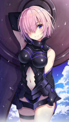 Rule 34 | 1girl, ahoge, arm behind back, arm behind head, arm up, armor, armored dress, armpits, black gloves, blue sky, blush, breasts, cloud, day, elbow gloves, fate/grand order, fate (series), gloves, hair over one eye, highres, holding, holding shield, large breasts, li yang, mash kyrielight, medium breasts, navel, pink hair, purple eyes, shield, short hair, sky, smile, solo, standing, stomach, thigh strap