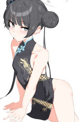 1girl absurdres bare_shoulders black_dress blue_archive breasts china_dress chinese_clothes collarbone double_bun dragon_print dress grey_eyes grey_halo hair_bun halo highres isocha kisaki_(blue_archive) long_hair looking_at_viewer simple_background sitting small_breasts solo thighs twintails white_background