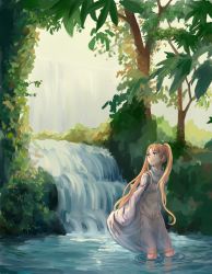 Rule 34 | 1girl, absurdres, blonde hair, blue eyes, day, dress, highres, in water, landuo niangao, leaf, long hair, looking away, looking to the side, nature, original, outdoors, scenery, sleeves past wrists, smile, solo, standing, summer, tree, twintails, very long hair, wading, water, waterfall
