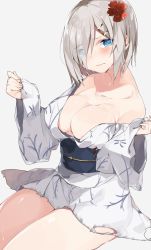 Rule 34 | 10s, 1girl, bad id, bad pixiv id, blue eyes, breasts, flower, hair flower, hair ornament, hair over one eye, hairclip, hamakaze (kancolle), highres, japanese clothes, kantai collection, kayahara, kimono, large breasts, short hair, silver hair, simple background, solo, torn clothes, yukata