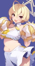 Rule 34 | 1girl, ahoge, belly, blonde hair, blue archive, blue background, blush, breasts, cheerleader, cleavage, cowboy shot, detached collar, hair between eyes, halo, halterneck, highres, holding, holding pom poms, kotori (blue archive), kotori (cheer squad) (blue archive), large breasts, long hair, looking at viewer, millennium cheerleader outfit (blue archive), mofu namako, navel, official alternate costume, open mouth, pleated skirt, plump, pom pom (cheerleading), pom poms, red eyes, short twintails, simple background, skirt, smile, solo, twintails, white skirt, yellow halo