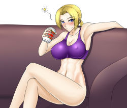 Rule 34 | 1girl, abs, alcohol, beer, blonde hair, blue eyes, blush, bottomless, bra, breasts, can, cleavage, couch, do konjouuo, drunk, covered erect nipples, hot, large breasts, legs, long hair, nina williams, ponytail, solo, sports bra, tekken, toned, underwear, underwear only