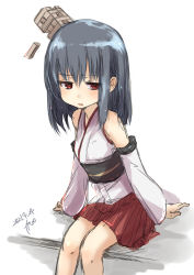 Rule 34 | 1girl, absurdres, black hair, cowboy shot, dated, detached sleeves, fyuo, hair ornament, hakama, hakama short skirt, hakama skirt, highres, japanese clothes, jenga, kantai collection, one-hour drawing challenge, red eyes, red skirt, short hair, simple background, skirt, solo, white background, wide sleeves, yamashiro (kancolle), aged down
