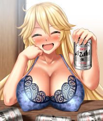 Rule 34 | 1girl, absurdres, beer can, blonde hair, blue bra, blush, bra, breasts, can, closed eyes, drink can, elbows on table, hair between eyes, highres, holding, holding can, indoors, iowa (kancolle), kantai collection, large breasts, long hair, solo, table, underwear, upper body, zanntetu
