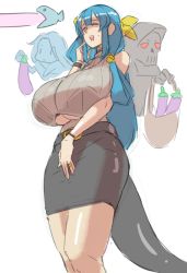 Rule 34 | 1girl, aged up, alternate breast size, bag, bare shoulders, basket, belt, black bra, black skirt, black tail, blue hair, bra, bralines, breasts, choker, closed eyes, clothing cutout, commentary, dizzy (guilty gear), eggplant, english commentary, eu03, food, guilty gear, hair between eyes, hair ribbon, huge breasts, jewelry, laughing, long hair, mature female, monster girl, necro (guilty gear), office lady, open mouth, pencil skirt, ribbed sweater, ribbon, ring, see-through, see-through shirt, shopping bag, sketch, skirt, sleeveless, sleeveless turtleneck, solo, sweatdrop, sweater, tail, turtleneck, turtleneck sweater, underboob, underboob cutout, underwear, undine (guilty gear), unfinished, vegetable, wedding band, wedding ring, yellow ribbon