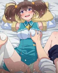 Rule 34 | 1boy, 1girl, :d, arms behind head, bed sheet, blue eyes, blush, breasts, brown hair, censored, clothed sex, clothing aside, commentary request, dannoura tomochika, dress, grabbing, grabbing another&#039;s breast, hair between eyes, happy sex, hetero, large breasts, looking at viewer, lying, missionary, mosaic censoring, on back, open mouth, panties, panties aside, penis, pillow, pov, pussy, sex, short hair, smile, sokushi cheat ga saikyou sugite isekai no yatsura ga marude aite ni naranai n desu ga, spread legs, sweat, teeth, tomu (tomubobu), twintails, underwear, upper teeth only, vaginal, white panties