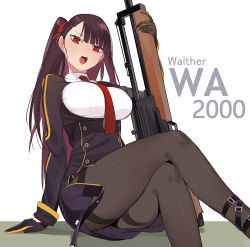 Rule 34 | 1girl, ankle strap, arm at side, asymmetrical bangs, beijuu, black gloves, breasts, brown pantyhose, bullpup, crossed legs, framed breasts, girls&#039; frontline, gloves, gun, hair ribbon, large breasts, long hair, looking at viewer, necktie, one side up, open mouth, pantyhose, purple hair, red eyes, ribbon, rifle, sitting, sniper rifle, solo, thighband pantyhose, wa2000 (girls&#039; frontline), walther, walther wa 2000, weapon