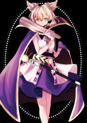 Rule 34 | 1girl, 68104i3, black background, black sailor collar, breasts, brown eyes, cape, closed mouth, commentary request, earmuffs, gold bracelet, gold trim, light brown hair, looking at viewer, pointy hair, purple cape, purple neckwear, purple ribbon, purple skirt, ribbon, ritual baton, sailor collar, scabbard, sheath, shirt, short hair, simple background, skirt, sleeveless, sleeveless shirt, small breasts, solo, standing, sweatdrop, sword, touhou, toyosatomimi no miko, v-shaped eyebrows, weapon