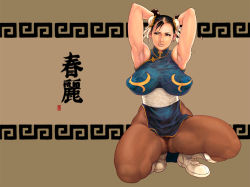 Rule 34 | 1girl, akr (qpqpqp), armpits, breasts, brown hair, bun cover, capcom, china dress, chinese clothes, chun-li, double bun, dress, covered erect nipples, huge breasts, nipples, pantyhose, pelvic curtain, puffy nipples, solo, spread legs, street fighter, thick thighs, thighs