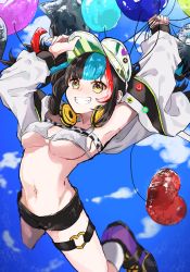 Rule 34 | 1girl, arm up, armpits, badge, balloon, bare shoulders, bikini, black hair, black shorts, blue hair, blue sky, blush, breasts, button badge, cleavage, fate/grand order, fate (series), green hat, grin, hat, headphones, headphones around neck, jacket, large breasts, long hair, long sleeves, looking at viewer, multicolored hair, navel, off shoulder, open clothes, open jacket, red hair, sei shounagon (fate), sei shounagon (swimsuit berserker) (fate), short shorts, shorts, sidelocks, sky, smile, solo, swimsuit, thigh strap, thighs, tomotin3310, twintails, visor cap, white bikini, white jacket, yellow eyes
