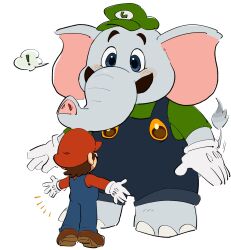 Rule 34 | !, 2boys, animal ears, barefoot, blue eyes, blue overalls, brothers, brown footwear, brown hair, cabbie hat, elephant boy, elephant ears, elephant luigi, elephant tail, facial hair, gloves, green headwear, hat, height difference, highres, incoming hug, initial, letter print, luigi, male focus, mario, mario (series), mimimi (mimimim9999), multiple boys, mustache, nintendo, outstretched arms, overalls, red headwear, shoes, siblings, size difference, spoken exclamation mark, super mario bros. wonder, white gloves