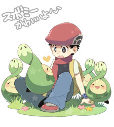 Rule 34 | 1boy, backpack, bad id, bad pixiv id, bag, black eyes, black hair, blush, bright pupils, budew, closed eyes, commentary request, creatures (company), game freak, gen 4 pokemon, grass, grey pants, hat, heart, lucas (pokemon), male focus, nintendo, open mouth, pants, pokemon, pokemon (creature), pokemon dppt, red footwear, red headwear, shoes, short hair, sitting, spiked hair, star (symbol), tongue, translation request, white background, xichii, yellow bag