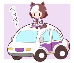 Rule 34 | 1girl, animal ears, asymmetrical footwear, blush stickers, bow, brown footwear, brown hair, car, chibi, ear bow, gomashio (goma feet), horse ears, horse girl, horse tail, jacket, mismatched footwear, motor vehicle, multicolored hair, on vehicle, open clothes, open jacket, pink background, puffy short sleeves, puffy sleeves, purple bow, purple shirt, shirt, shoes, short sleeves, sitting, skirt, socks, solo, special week (umamusume), tail, translation request, two-tone background, two-tone hair, umamusume, vehicle request, white background, white footwear, white hair, white jacket, white skirt, white socks, | |