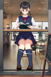 Rule 34 | 1girl, black hair, black vest, blue skirt, blue socks, book, bow, bow panties, bowtie, braid, breasts, brown eyes, brown footwear, cafe, chalkboard sign, commentary request, exhibitionism, full body, glasses, highres, large breasts, loafers, long hair, long sleeves, looking down, original, panties, panty pull, pink panties, pleated skirt, public indecency, reading, red bow, red bowtie, shirt, shoes, sitting, skirt, socks, solo focus, stool, thighs, twin braids, udonko072, underwear, variant set, vest, white shirt, window, wing collar