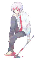 Rule 34 | .flow, 1boy, bad id, bad pixiv id, barefoot, blood, expressionless, full body, kaibutsu, lead pipe, lito (24281122), male focus, necktie, red eyes, school uniform, sitting, solo, white hair