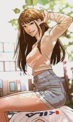 Rule 34 | 1boy, 1girl, blue shirt, breasts, brown hair, choi bomi, city, hand up, highres, long hair, looking at viewer, lying, open mouth, shirt, sitting, small breasts, smile, tree, very long hair, viral hit, white shirt