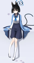 Rule 34 | 1girl, absurdres, animal ears, black eyes, black hair, black sailor collar, black skirt, blue archive, blue halo, blue neckerchief, breasts, cat ears, cat tail, grey background, halo, haori, highres, japanese clothes, kikyou (blue archive), medium breasts, mogurii, multiple tails, neckerchief, pleated skirt, sailor collar, short hair, simple background, skirt, socks, solo, tabi, tail, two tails, white socks