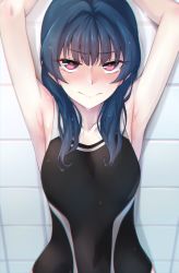 Rule 34 | 1girl, armpits, arms up, blue hair, competition swimsuit, highres, long hair, looking at viewer, love live!, love live! sunshine!!, nasuno (nasuno42), one-piece swimsuit, purple eyes, solo, swimsuit, tears, tsushima yoshiko, wet, wet hair