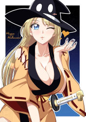 Rule 34 | 1girl, artist logo, black hat, black nails, blonde hair, blowing kiss, blue eyes, breasts, cleavage, clothing cutout, commentary, cowboy shot, english text, fingernails, halloween, happy halloween, hat, heart, highres, ichijou takakiyo, japanese clothes, katana, kimono, large breasts, long hair, looking at viewer, nail polish, one eye closed, open mouth, orange kimono, original, outline, outside border, puckered lips, ribbon-trimmed sleeves, ribbon trim, samurai, sharp fingernails, sheath, sheathed, short kimono, short sleeves, shoulder cutout, sky, solo, standing, star (sky), starry sky, sword, weapon, white outline, wide sleeves, witch, witch hat