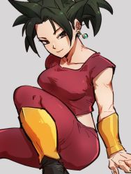 Rule 34 | 1girl, arm support, arms at sides, black eyes, black footwear, black hair, bracelet, breasts, collarbone, crop top, dragon ball, dragon ball super, earrings, feet out of frame, female focus, fingernails, grey background, half-closed eyes, head tilt, high ponytail, jewelry, kefla (dragon ball), kemachiku, large breasts, leg up, light smile, looking at viewer, matching hair/eyes, midriff, muscular, pants, ponytail, potara earrings, red pants, shaded face, short sleeves, simple background, sitting, solo, spiked hair