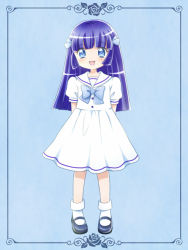 Rule 34 | 10s, 1girl, :d, aged down, aoki reika, blue eyes, blue hair, blush, bow, child, dress, flower, kagami chihiro, long hair, mary janes, matching hair/eyes, open mouth, precure, shoes, smile, smile precure!, solo